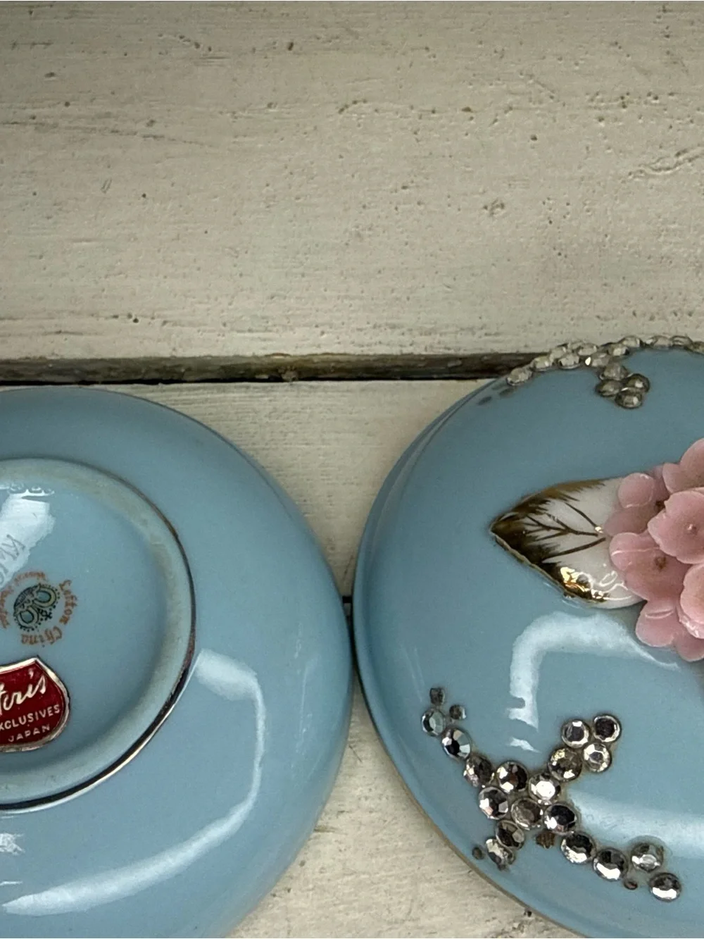 RARE VTG Lefton Blue Porcelain, Pink Floral Spray, Gold Tips & Rhinestone Accent